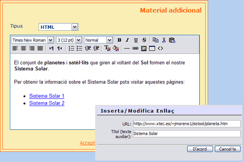 Pantalla d'edici� del material addicional que s'ha d'afegir al full