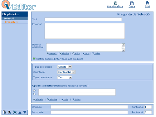Pantalla d'edici d'una pregunta de selecci
