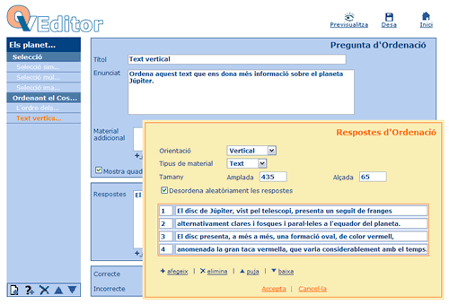 Pantalla d'edici de la pregunta d'ordenaci vertical