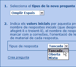Creaci d'una nova pregunta d'omplir espais amb resposta tancada