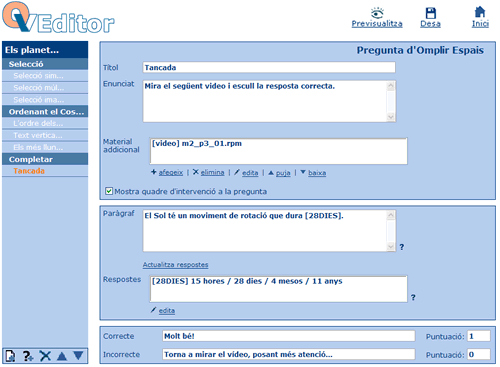 Pantalla d'edici de la pregunta d'omplir espais un cop enllestida 