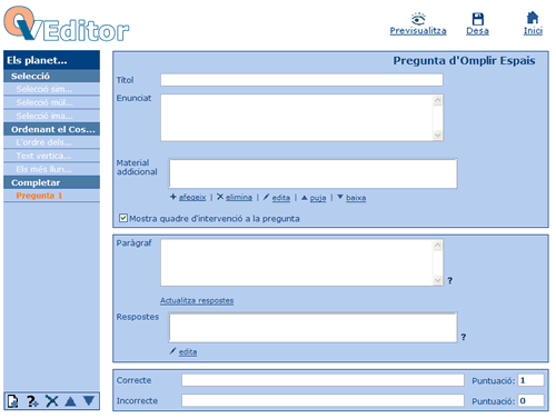 Pantalla d'edici de la nova pregunta d'omplir espais