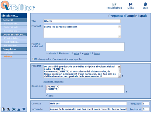 Pantalla d'edici de la pregunta d'omplir espais un cop enllestida 