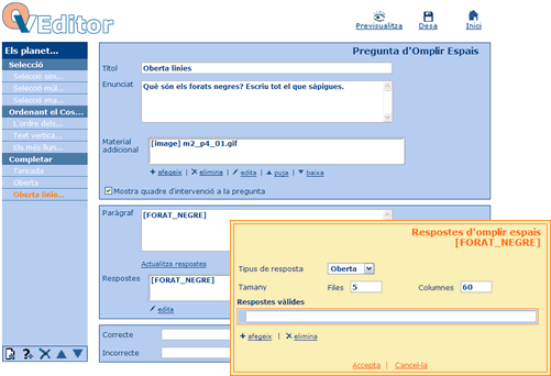 Edici de la pregunta d'Omplir Espais amb resposta Oberta amb ms d'una lnia