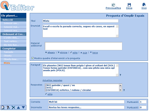 Pantalla d'edici de la pregunta d'omplir espais mixta un cop enllestida 